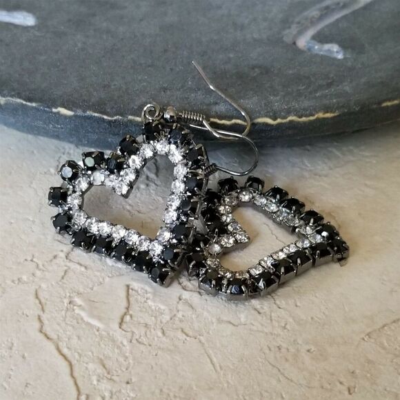 Open Heart Gunmetal Grey Black and Clear Austrian Crystal Dangle Earrings - Picture 3 of 6